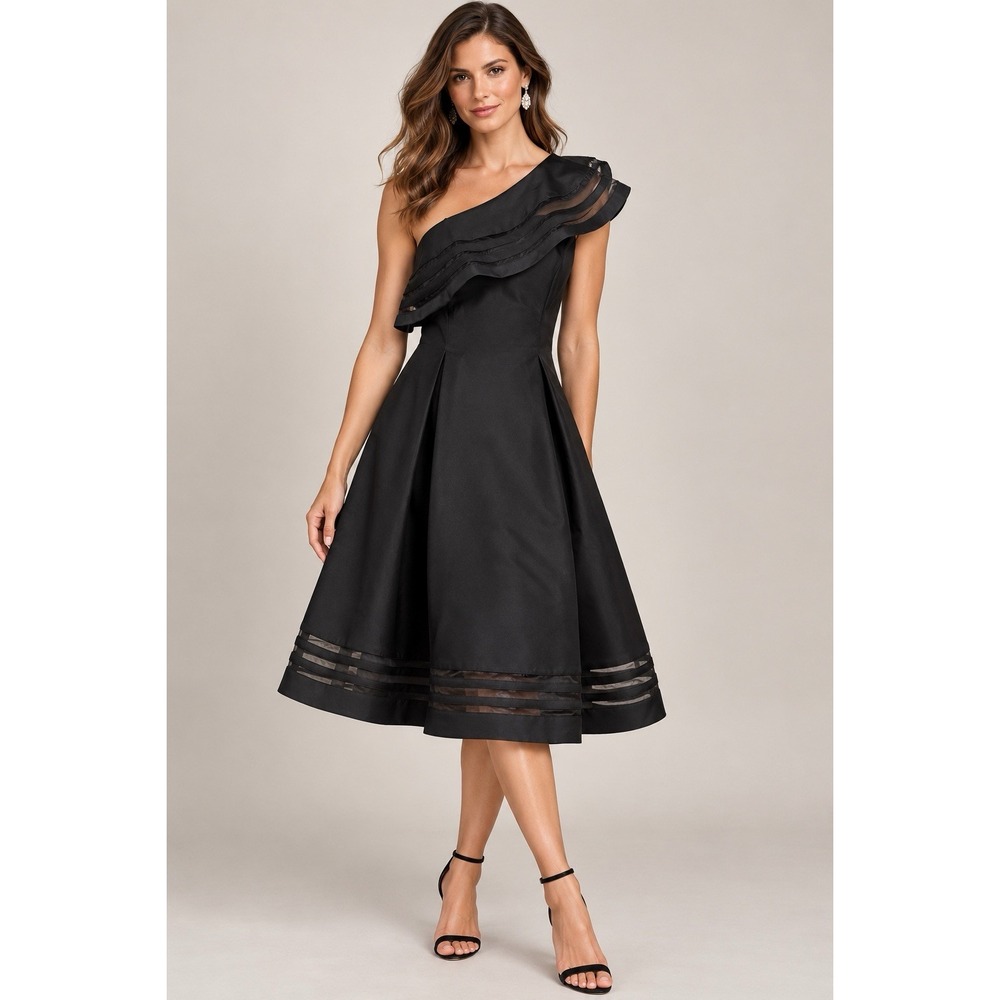 Adrianna Papell Cocktail Dress Size 4 Black One Shoulder Fit Flare Sheer Midi